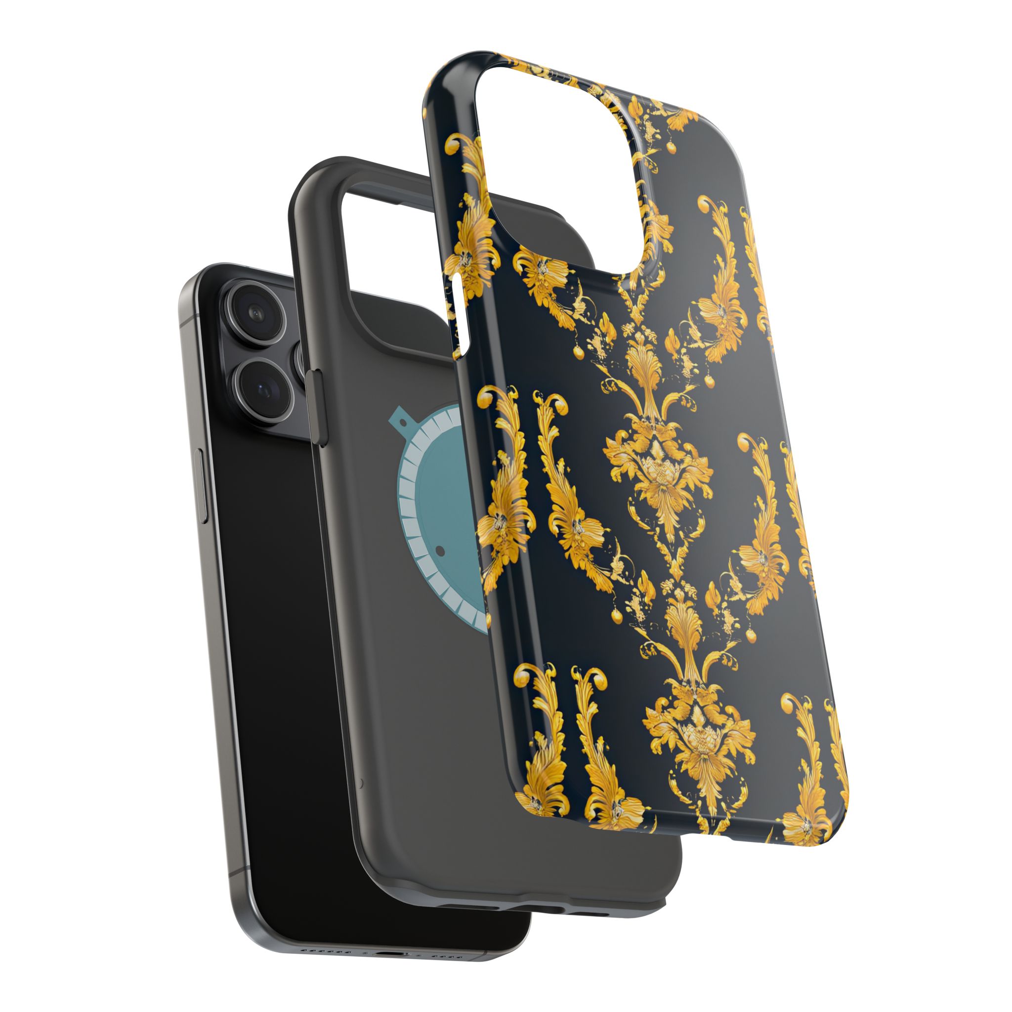 Elegant Floral Magnetic Tough Case for iPhone - Luxurious Gold Design - Image 96