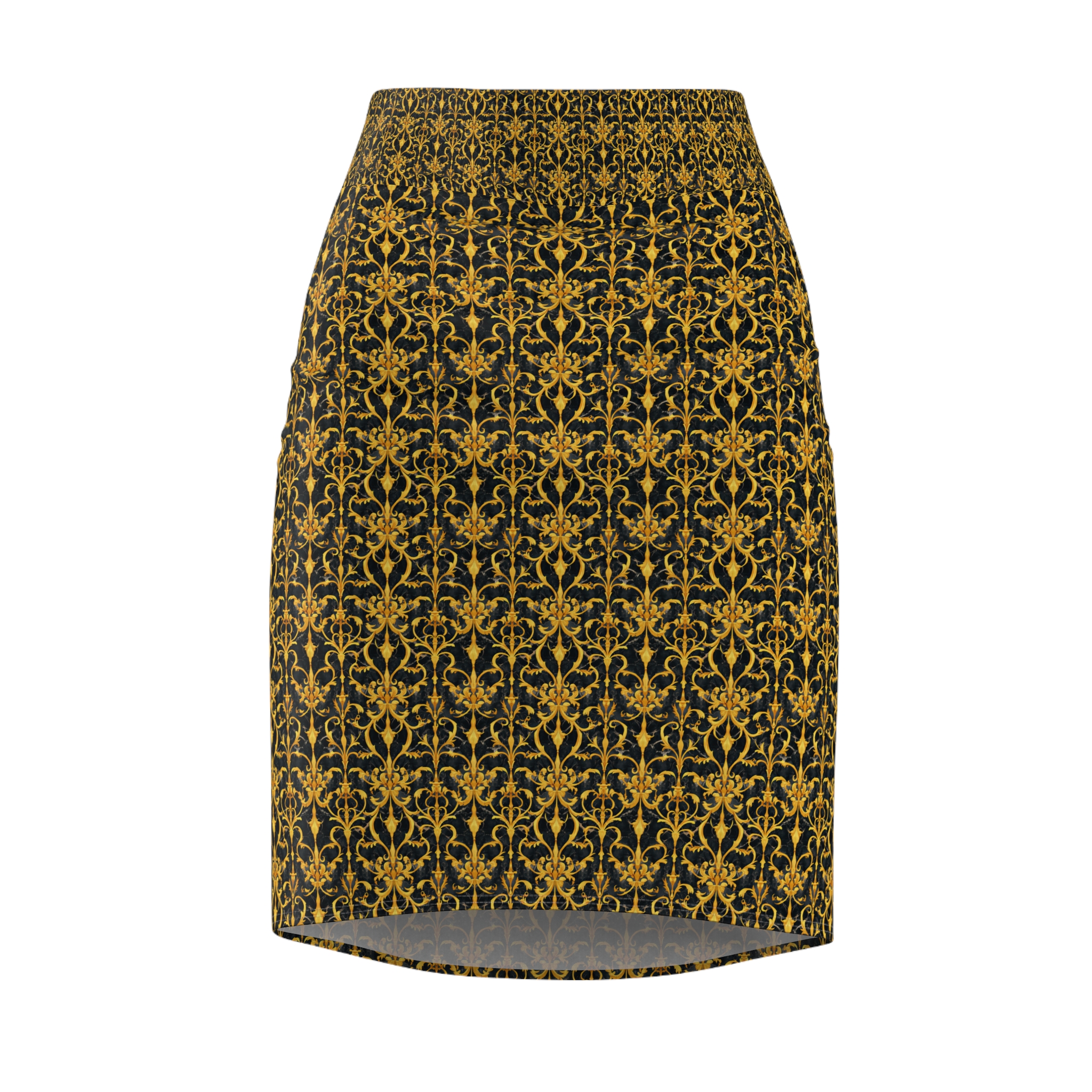 Women's Formal Gold and Black Floral Pencil Skirt