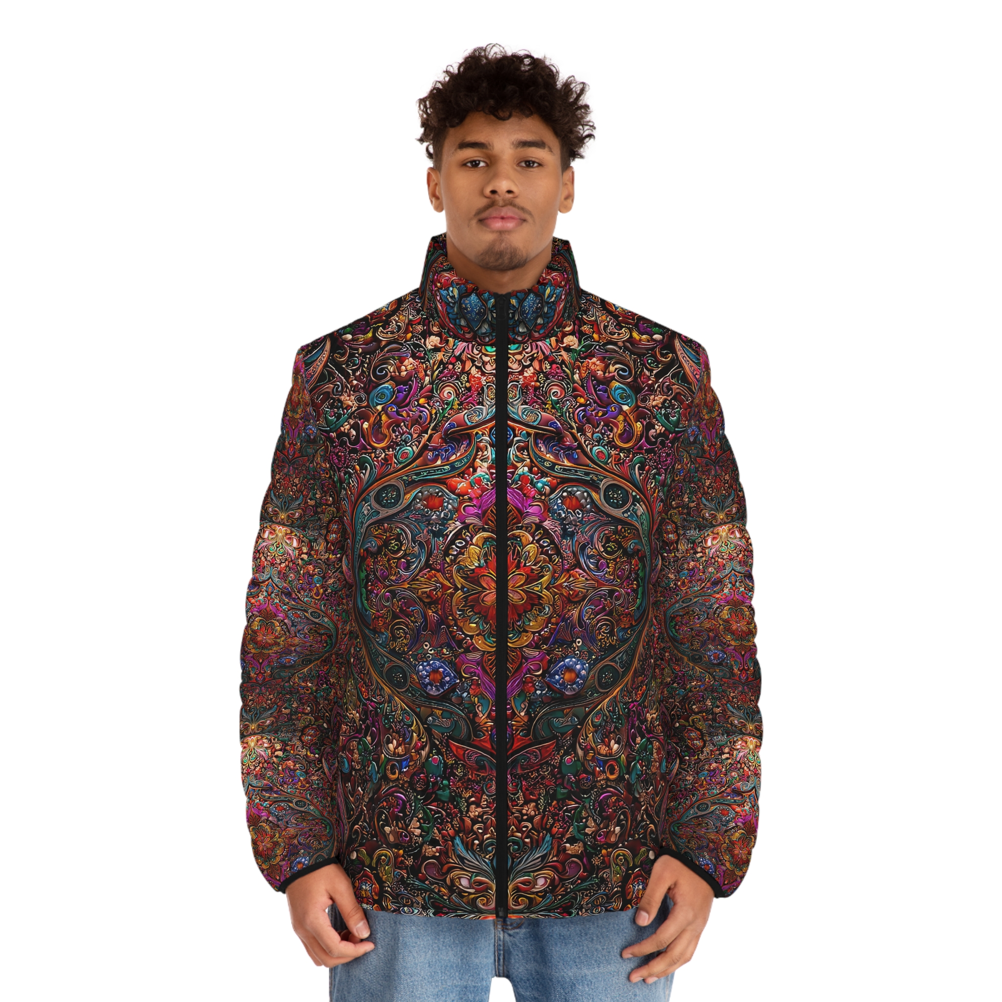 Bohemian Pattern Men's Puffer Jacket - Stylish & Warm Outerwear
