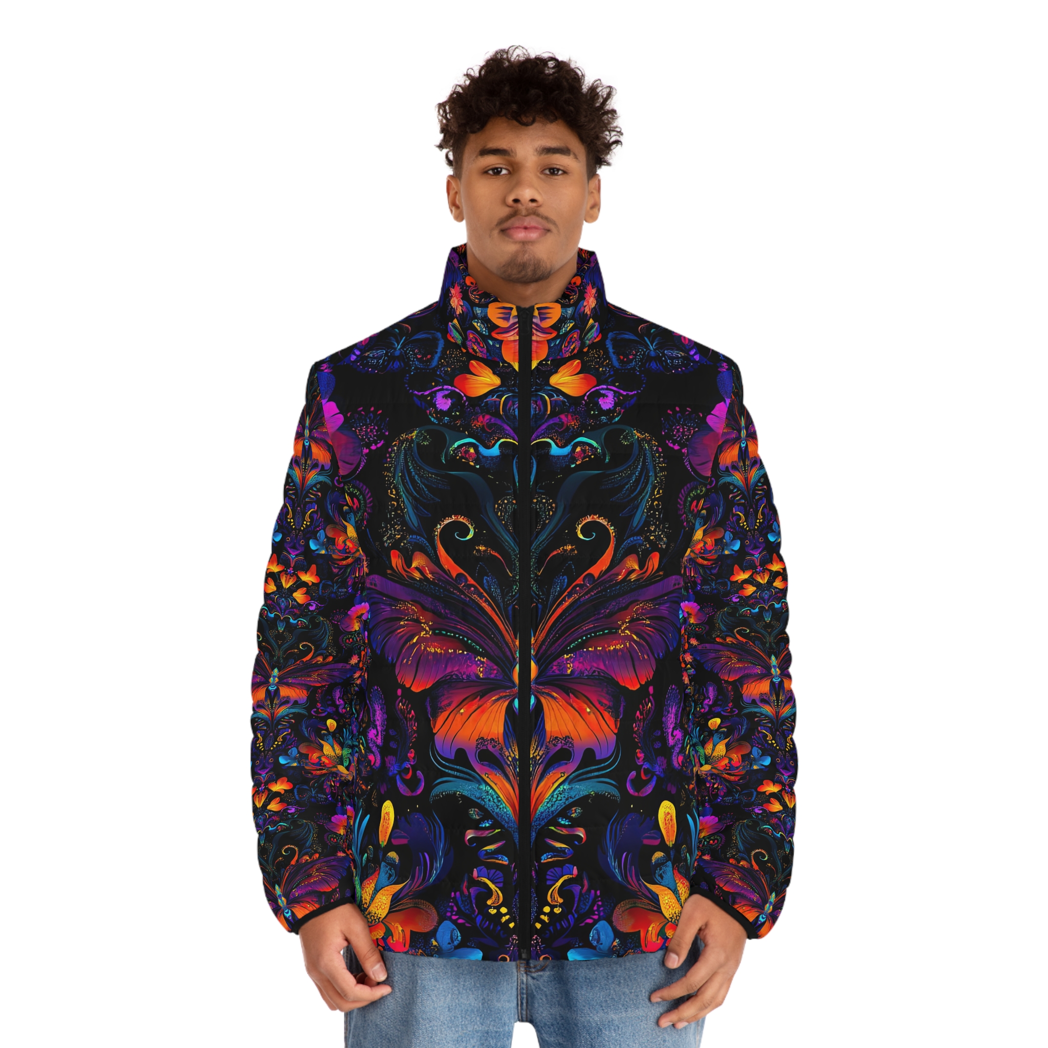 Vibrant Butterfly Puffer Jacket for Men - Colorful Floral Design - Image 4
