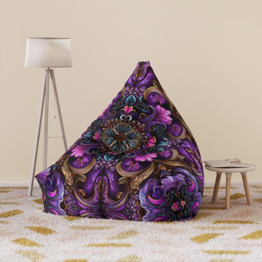 Bohemian Style Bean Bag Chair Cover - Vibrant Purple and Gold Floral Design