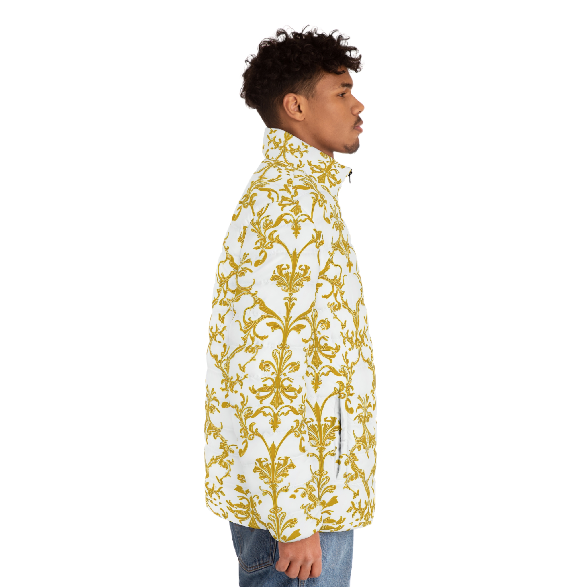 Elegant Gold Floral Men's Puffer Jacket - Stylish Winter Outerwear - Image 5