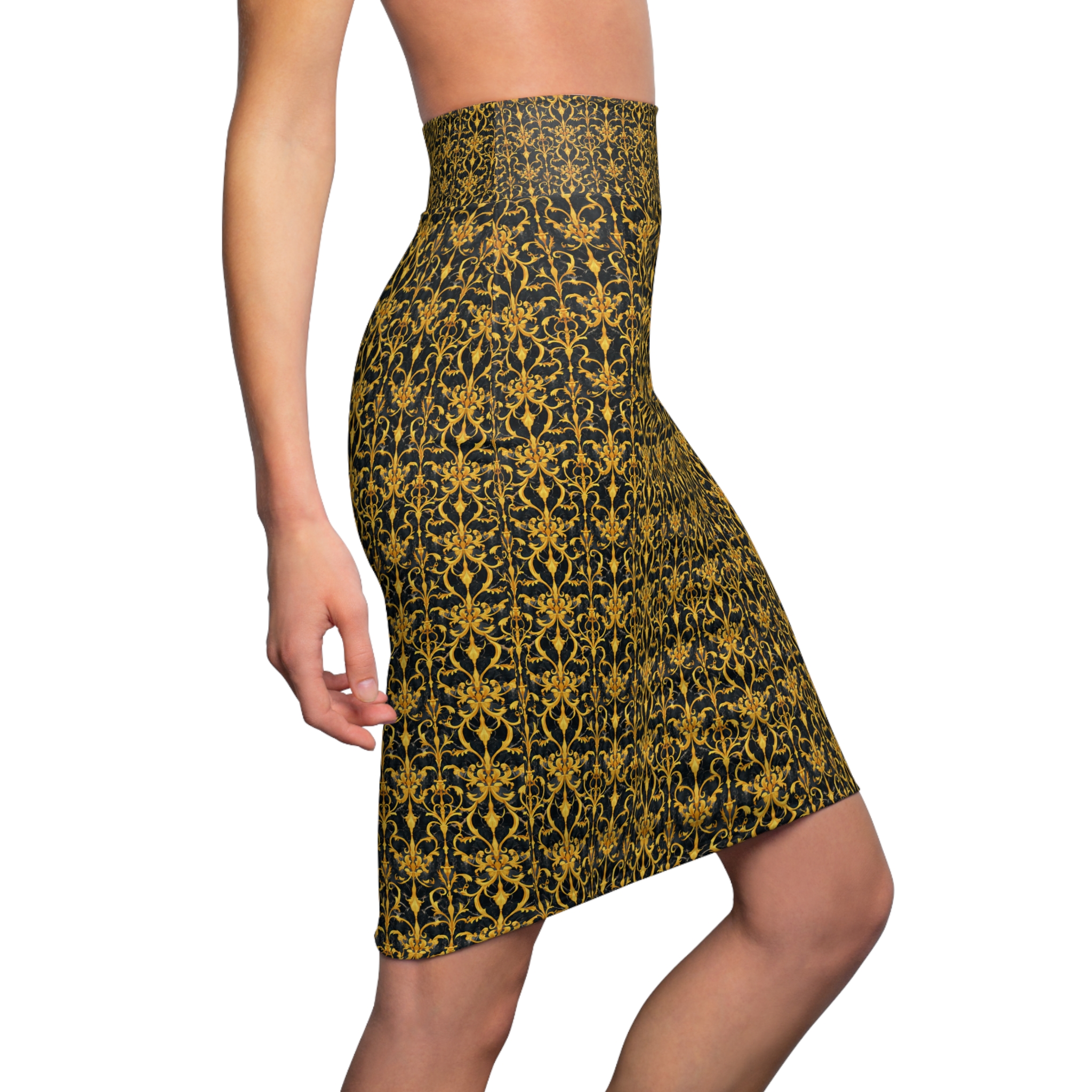 Women's Formal Gold and Black Floral Pencil Skirt - Image 7