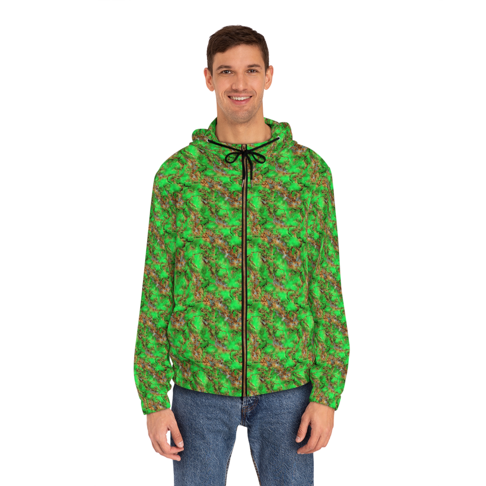 Men's Full-Zip Hoodie - Vibrant Green Marble Pattern - Image 3