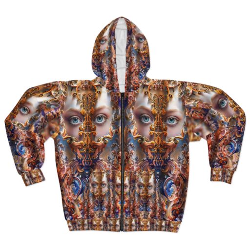 Artistic Unisex Zip Hoodie with Intricate Face Design