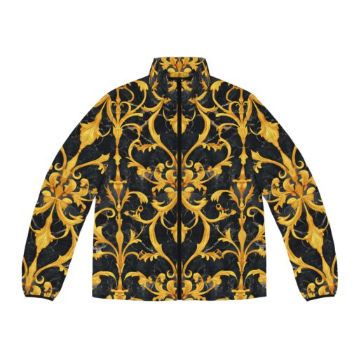 Stylish Men's Puffer Jacket with Elegant Gold Floral Design