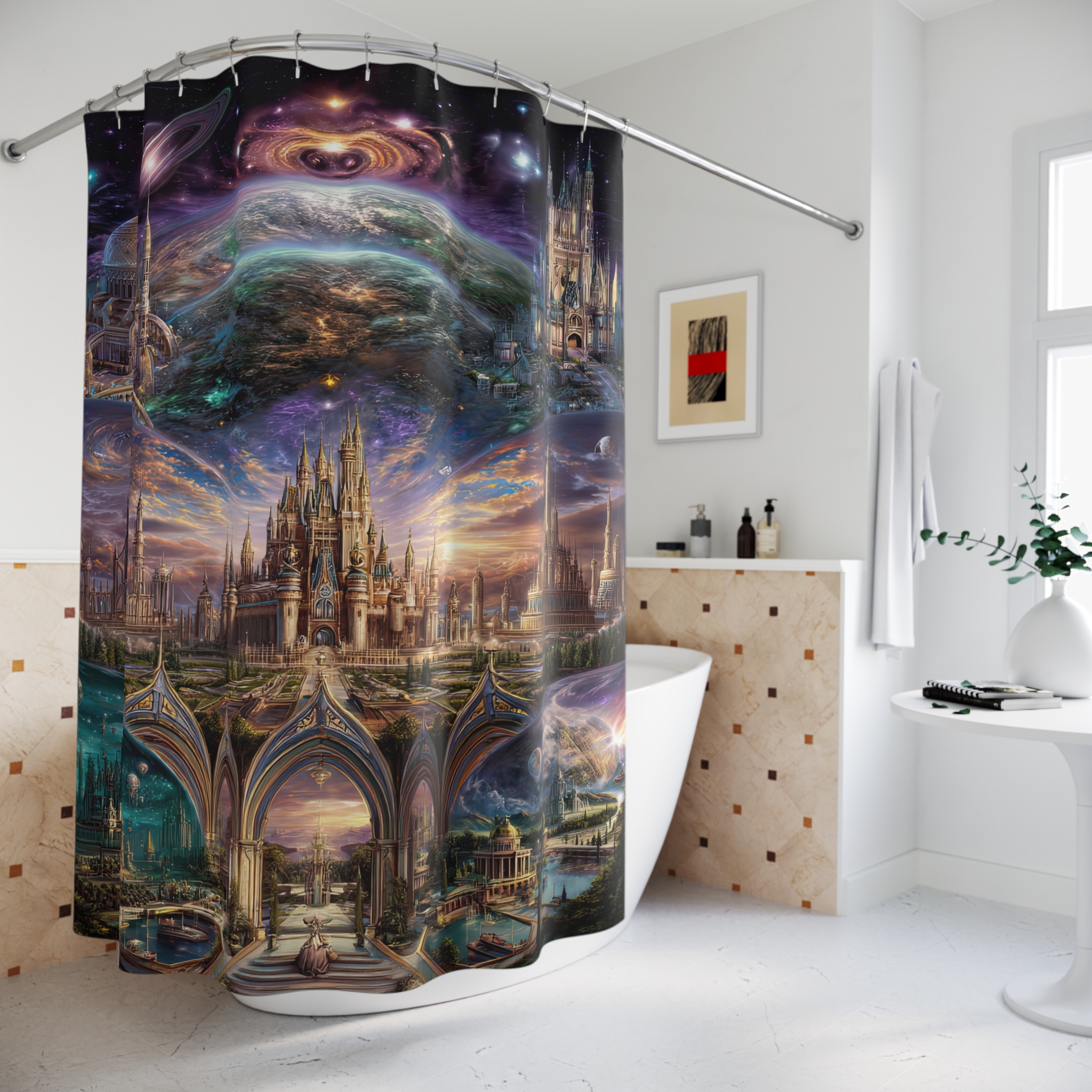 Cosmic Fantasy Shower Curtain - Space and Castle Design for a Dreamy Bathroom - Image 5