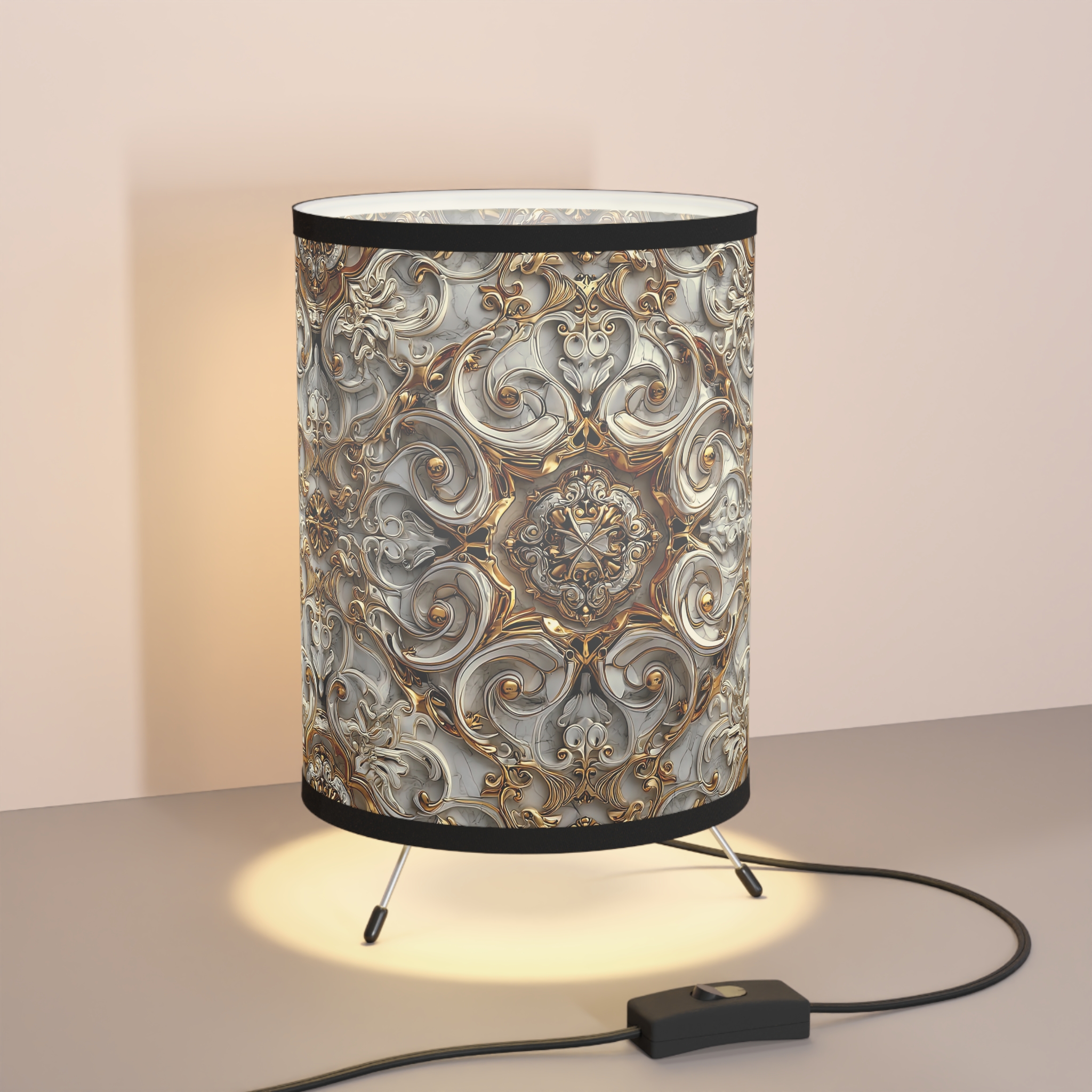 Elegant Tripod Lamp with High-Res Ornate Shade | Stylish Home Decor