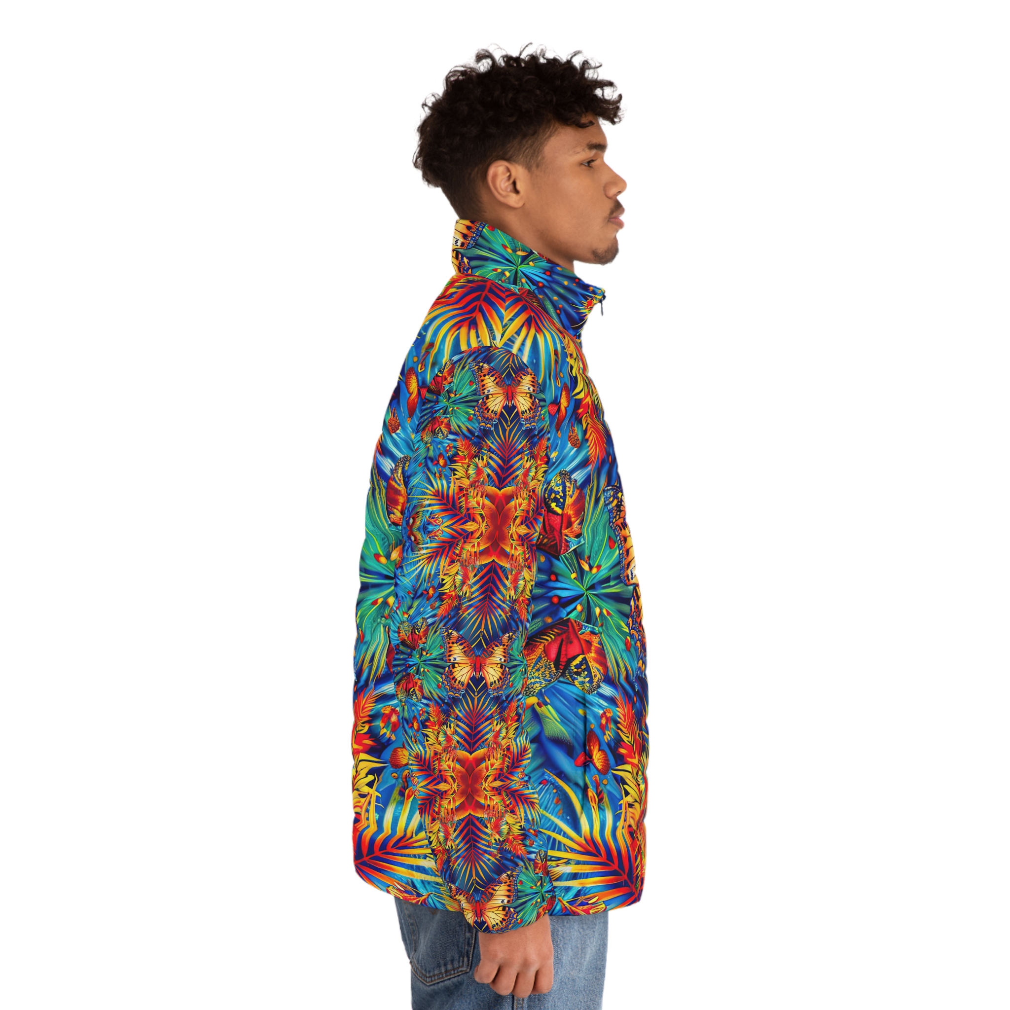 Vibrant Tropical Men’s Puffer Jacket with Butterfly Design - Image 5
