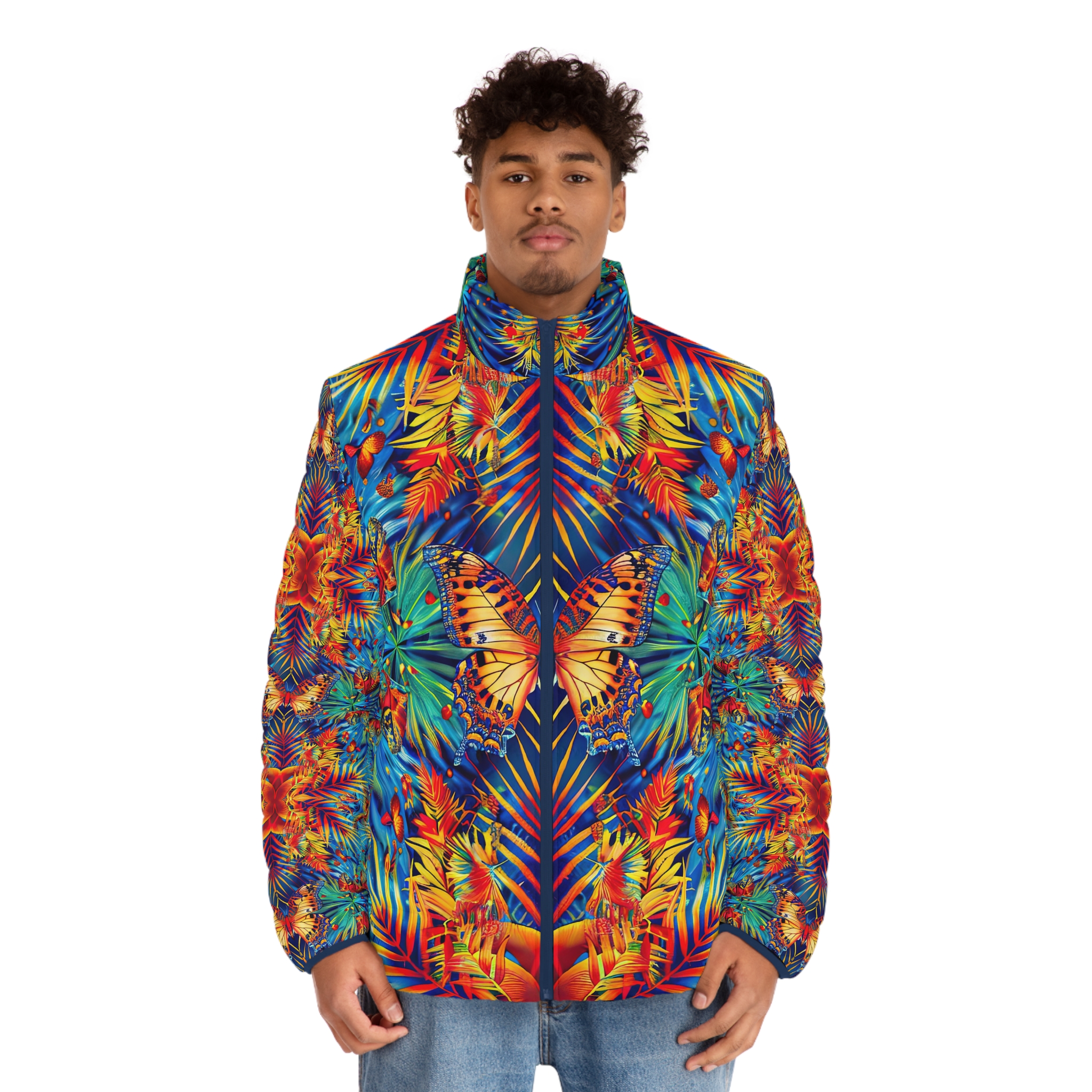 Vibrant Tropical Men’s Puffer Jacket with Butterfly Design - Image 4