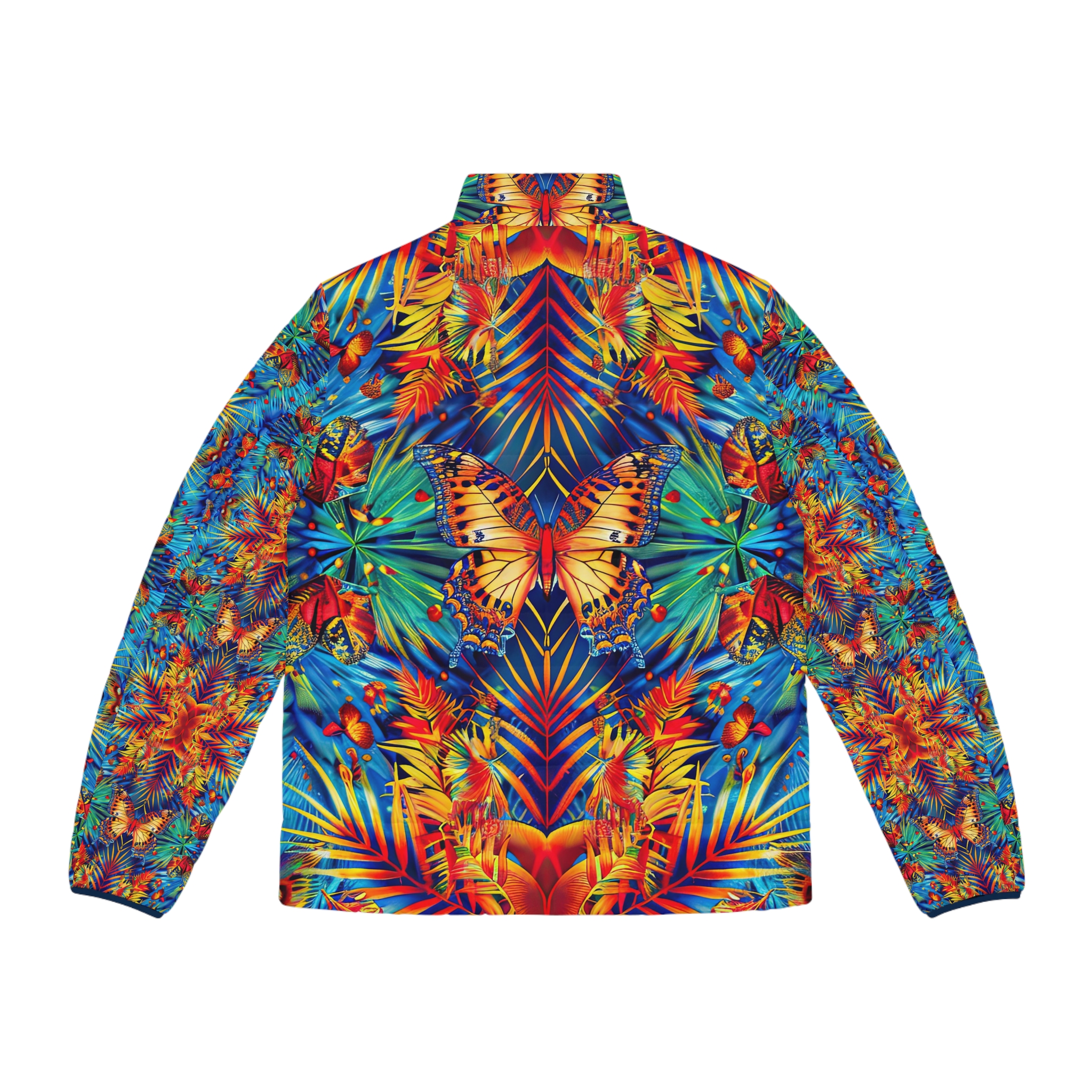 Vibrant Tropical Men’s Puffer Jacket with Butterfly Design - Image 3