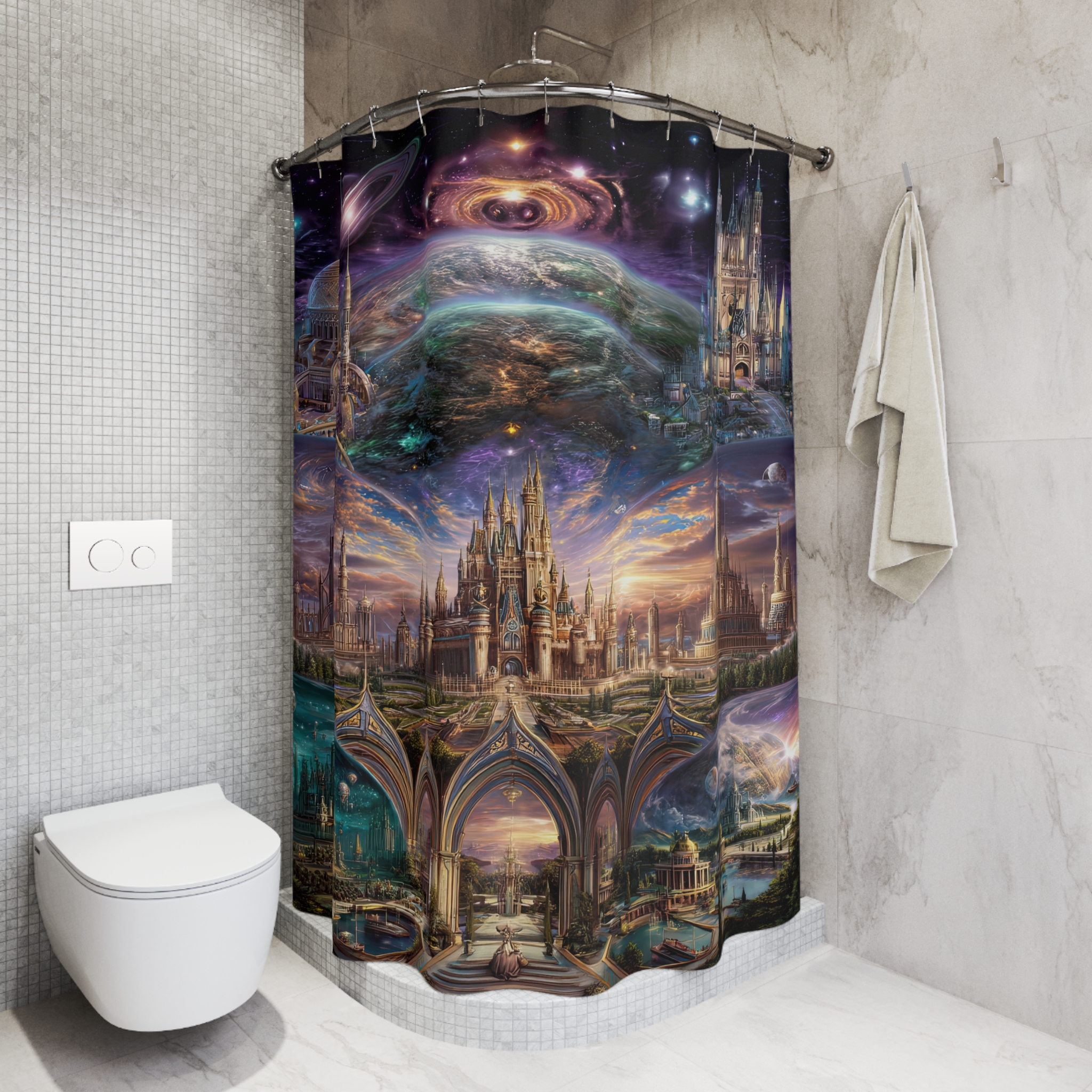 Cosmic Fantasy Shower Curtain - Space and Castle Design for a Dreamy Bathroom