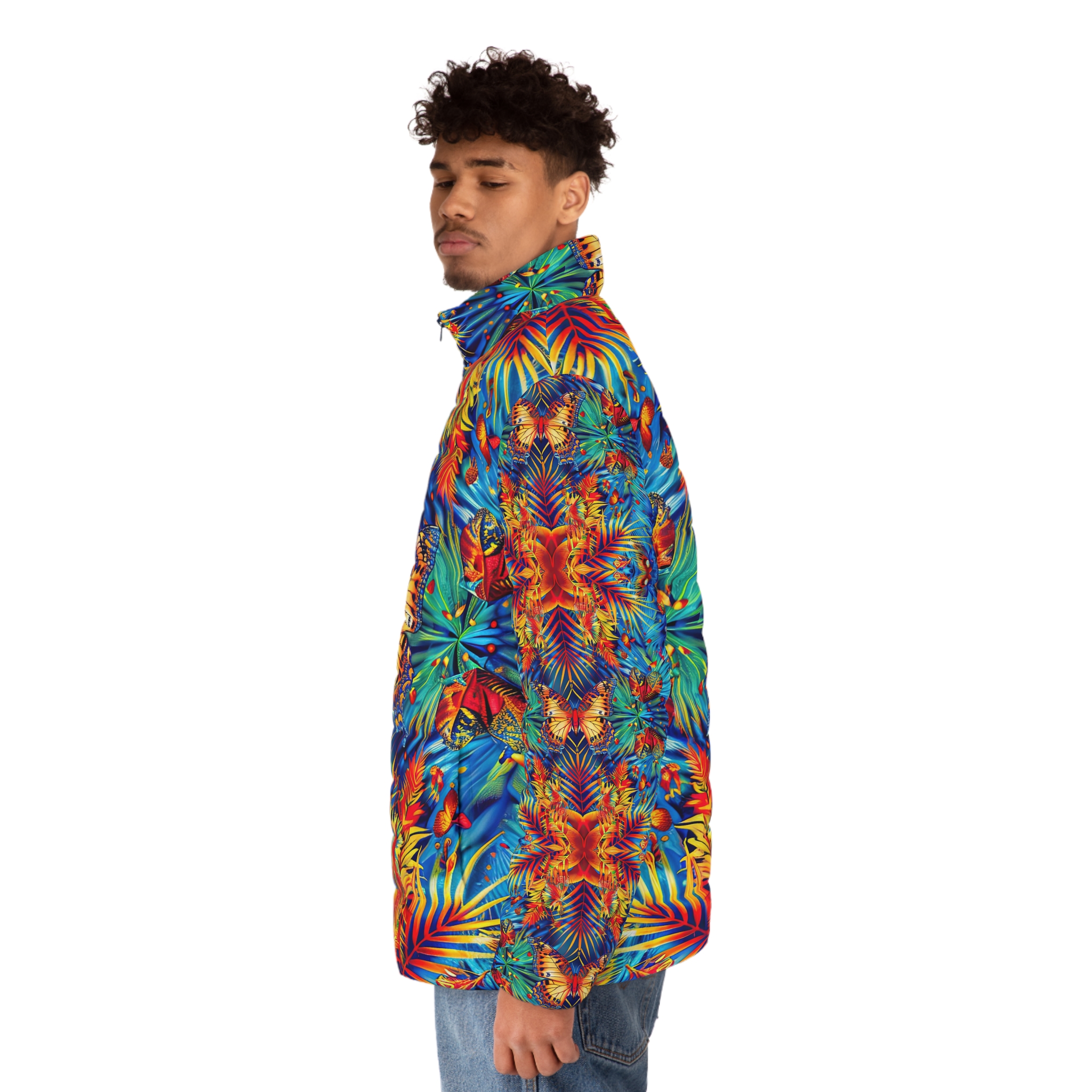 Vibrant Tropical Men’s Puffer Jacket with Butterfly Design - Image 6
