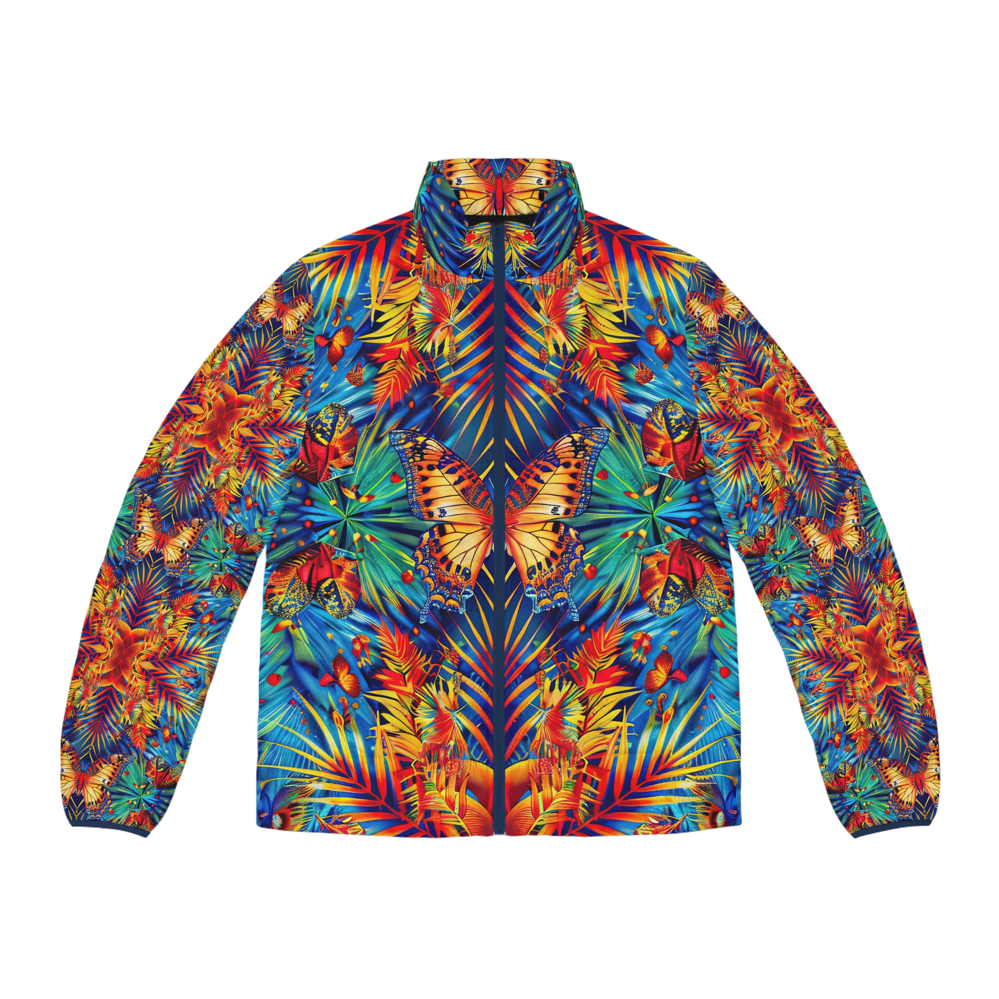 Vibrant Tropical Men’s Puffer Jacket with Butterfly Design - Image 2
