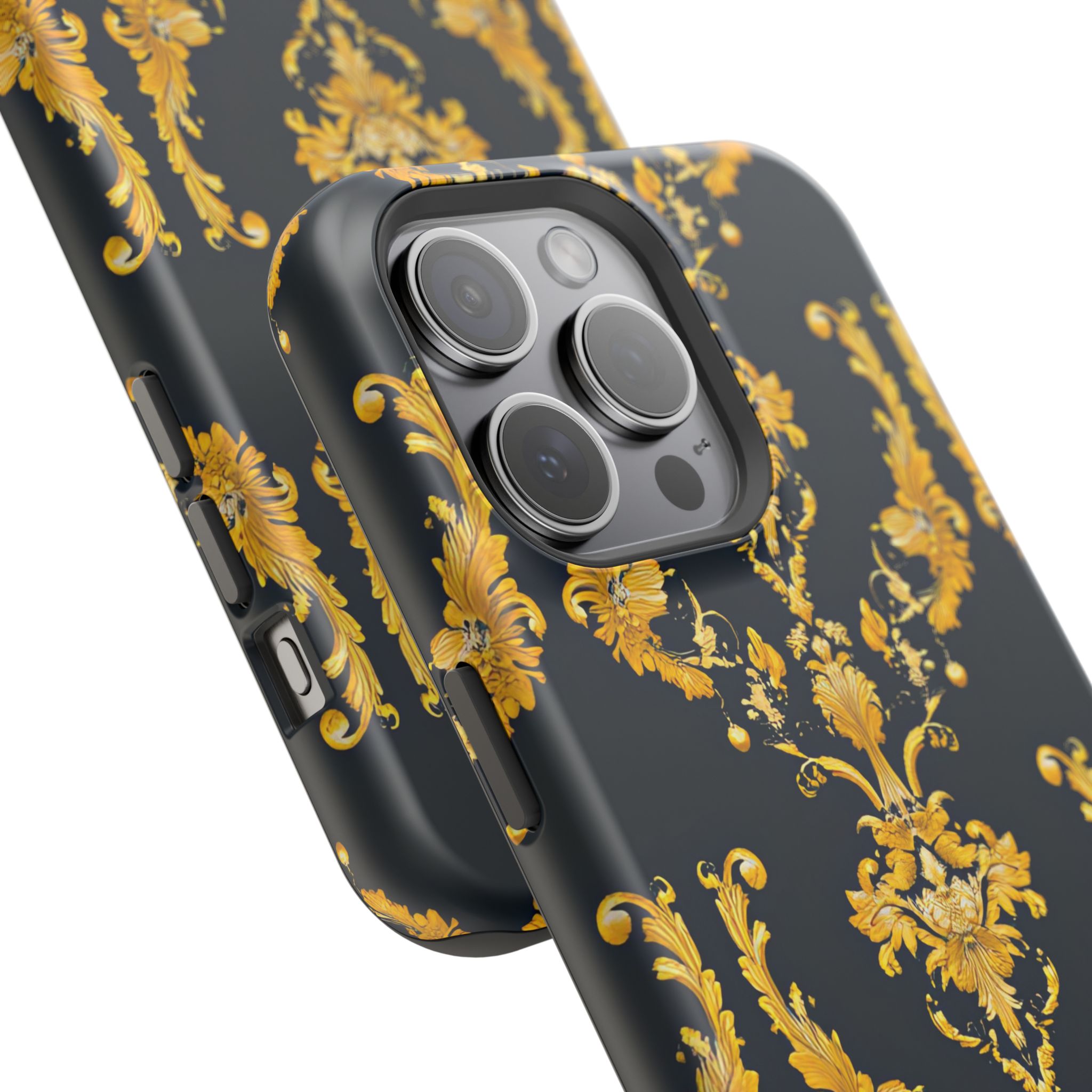 Elegant Floral Magnetic Tough Case for iPhone - Luxurious Gold Design - Image 98