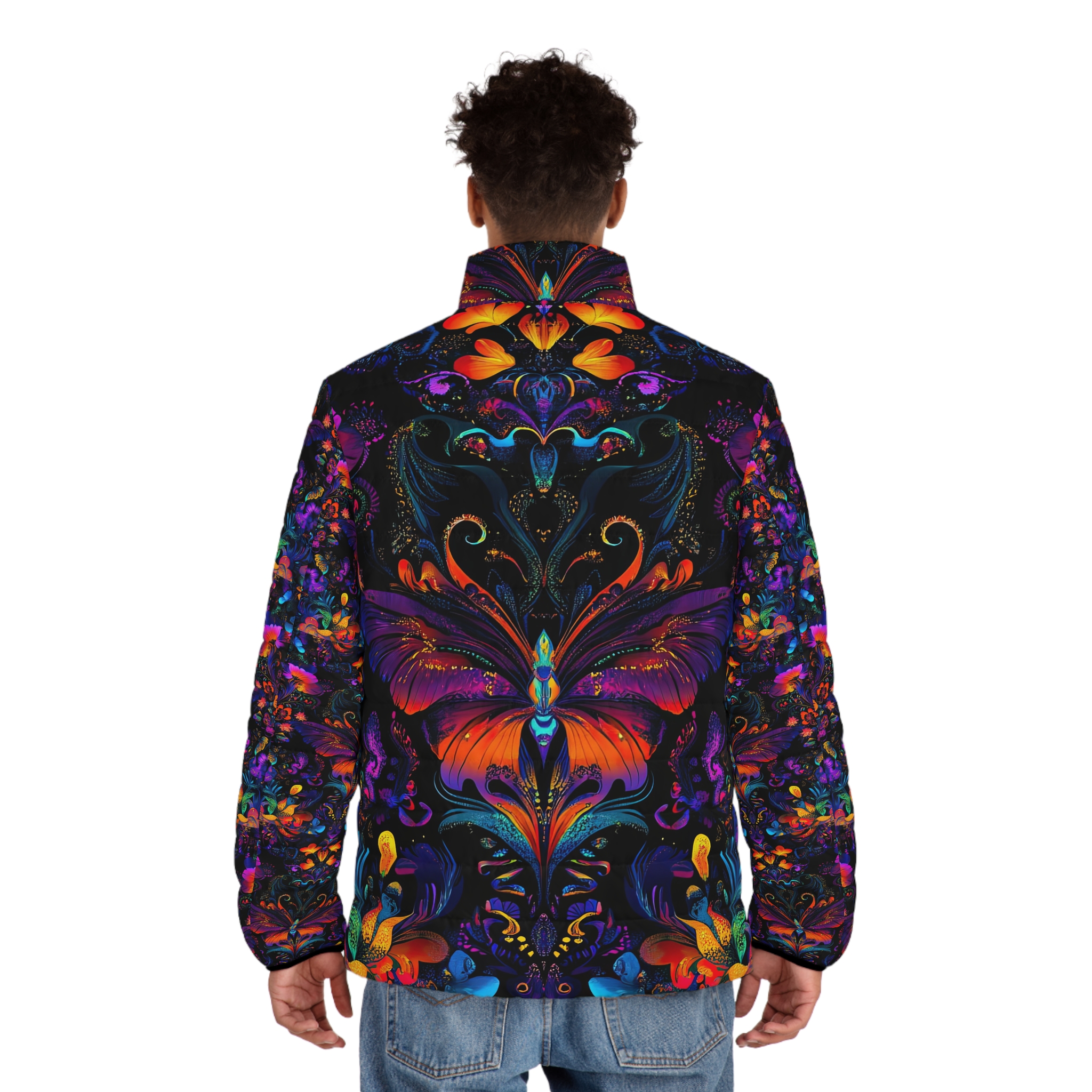 Vibrant Butterfly Puffer Jacket for Men - Colorful Floral Design