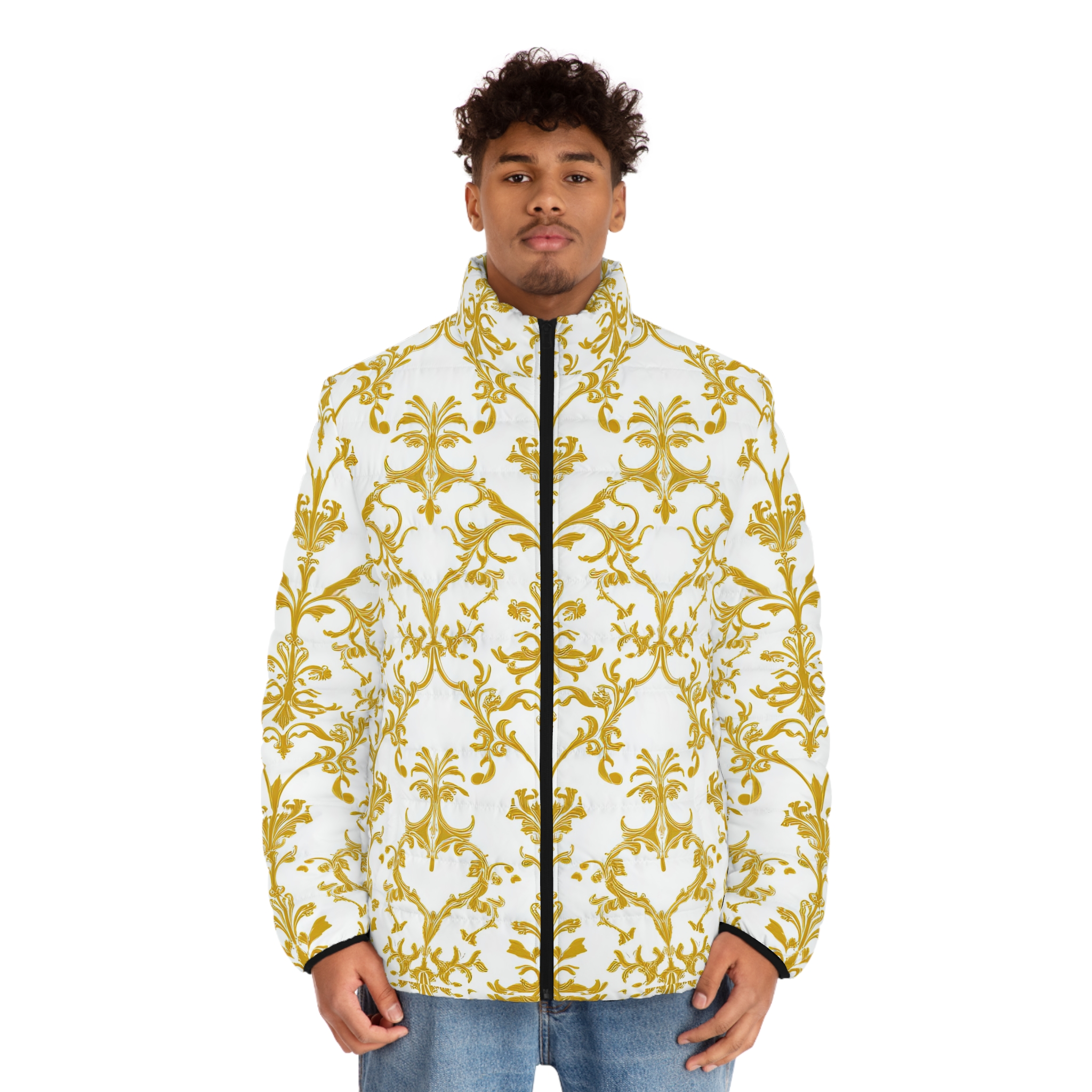 Elegant Gold Floral Men's Puffer Jacket - Stylish Winter Outerwear