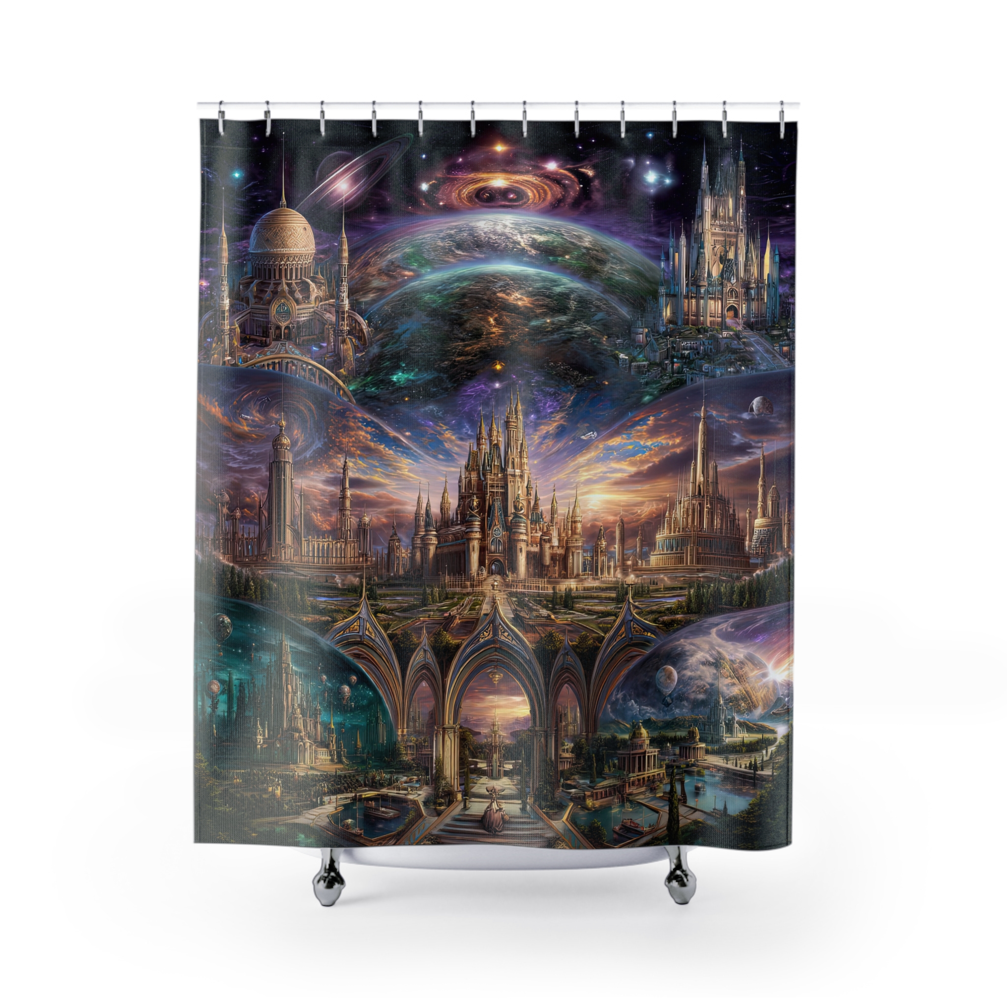 Cosmic Fantasy Shower Curtain - Space and Castle Design for a Dreamy Bathroom - Image 2