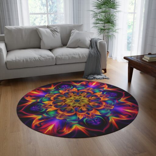 Round Rug - Psychedelic Kaleidoscope Fractal Rainbow Design 3