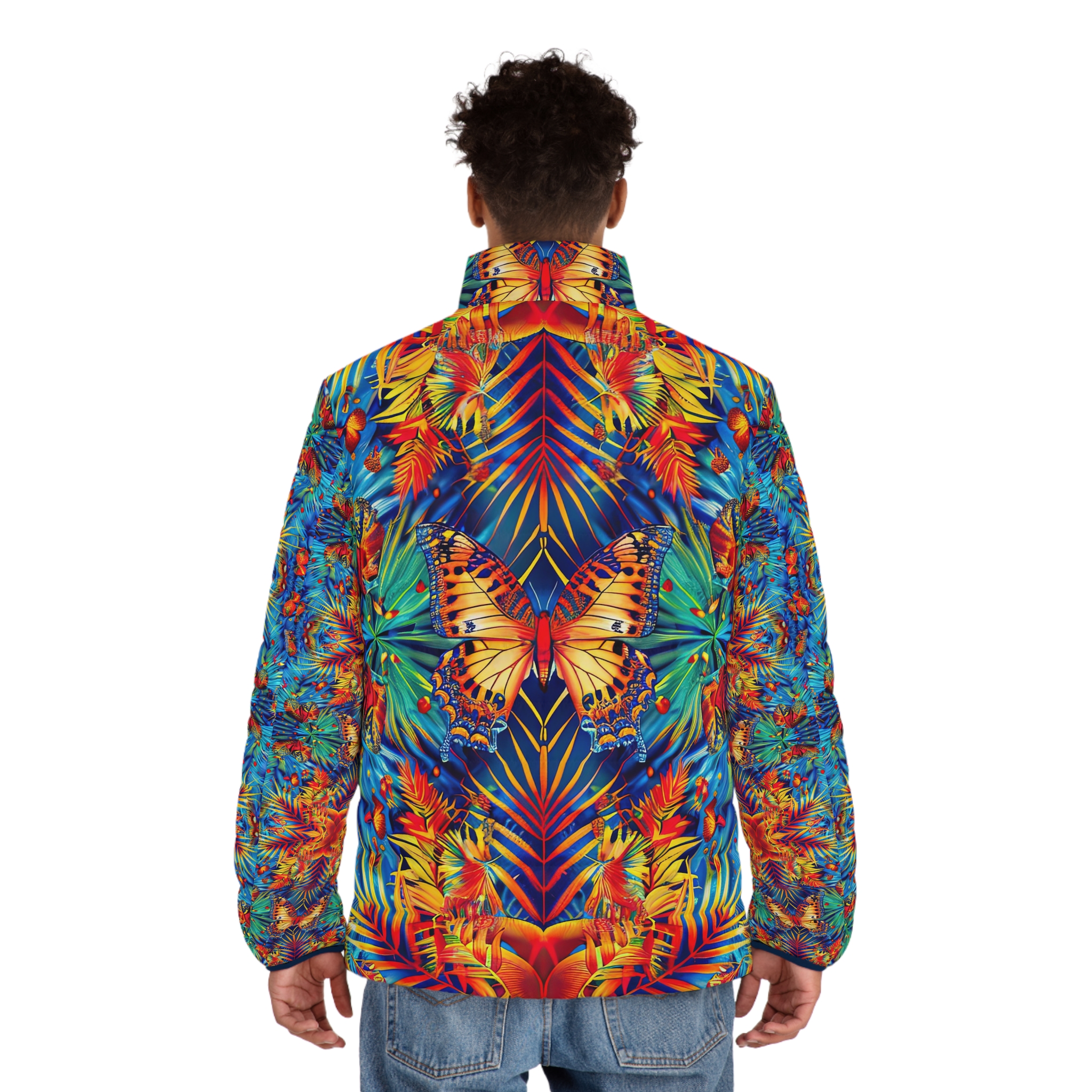 Vibrant Tropical Men’s Puffer Jacket with Butterfly Design