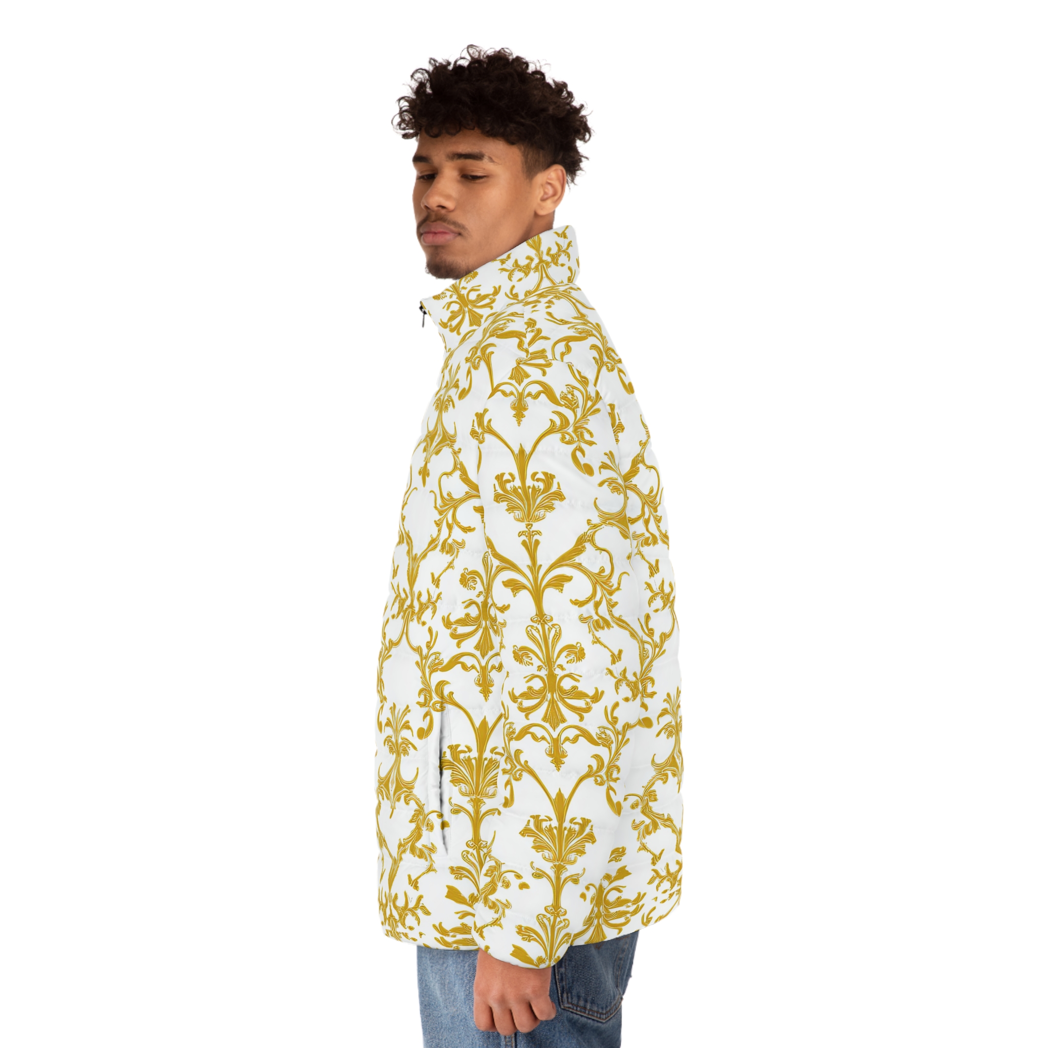 Elegant Gold Floral Men's Puffer Jacket - Stylish Winter Outerwear - Image 6