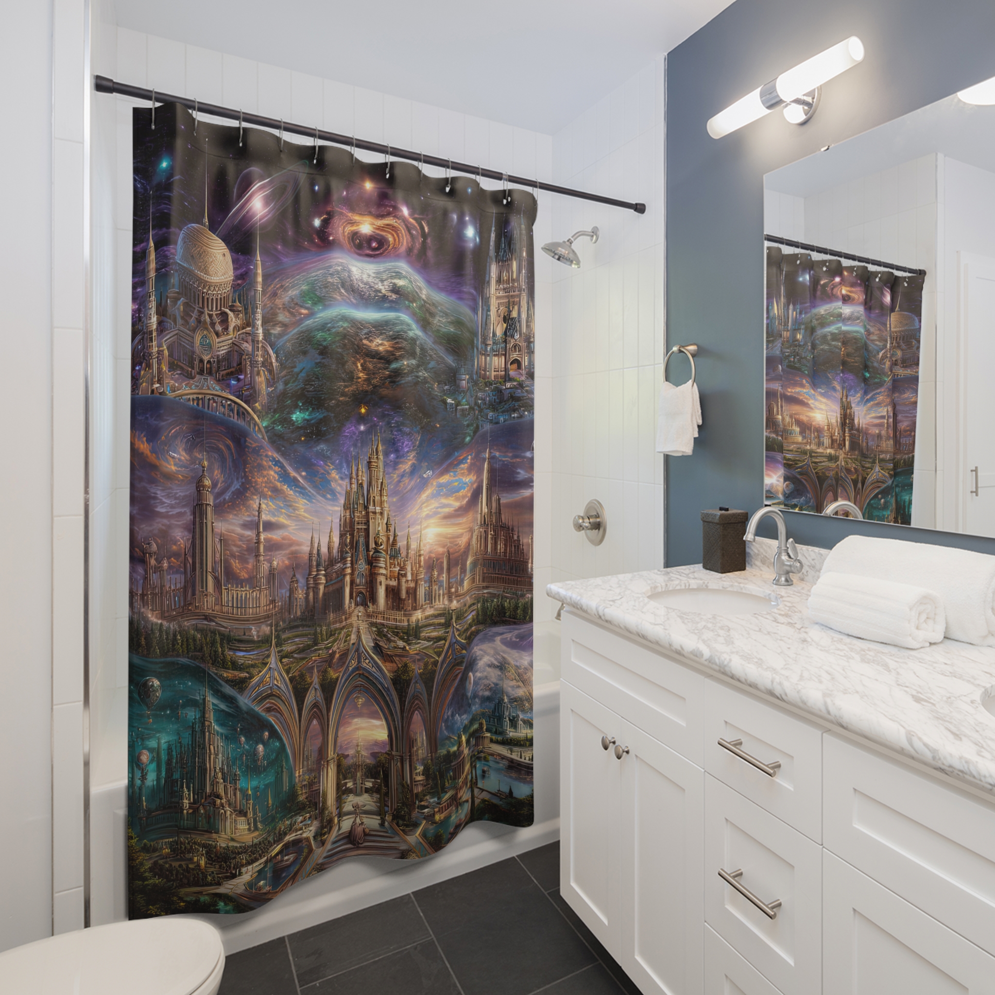 Cosmic Fantasy Shower Curtain - Space and Castle Design for a Dreamy Bathroom - Image 4
