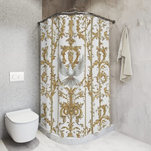 Elegant Dove Pattern Shower Curtain - Luxurious Gold and White Decor