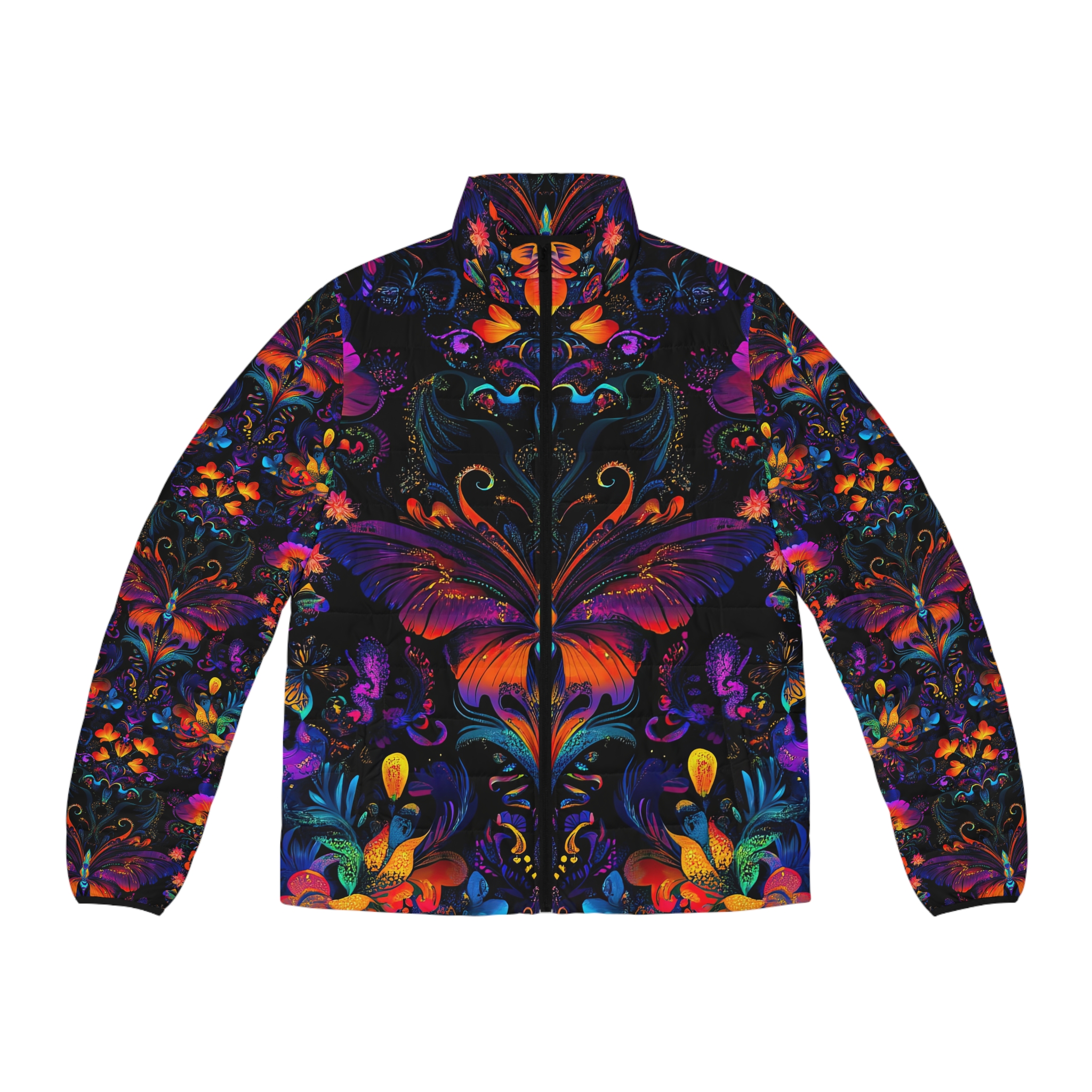 Vibrant Butterfly Puffer Jacket for Men - Colorful Floral Design - Image 2
