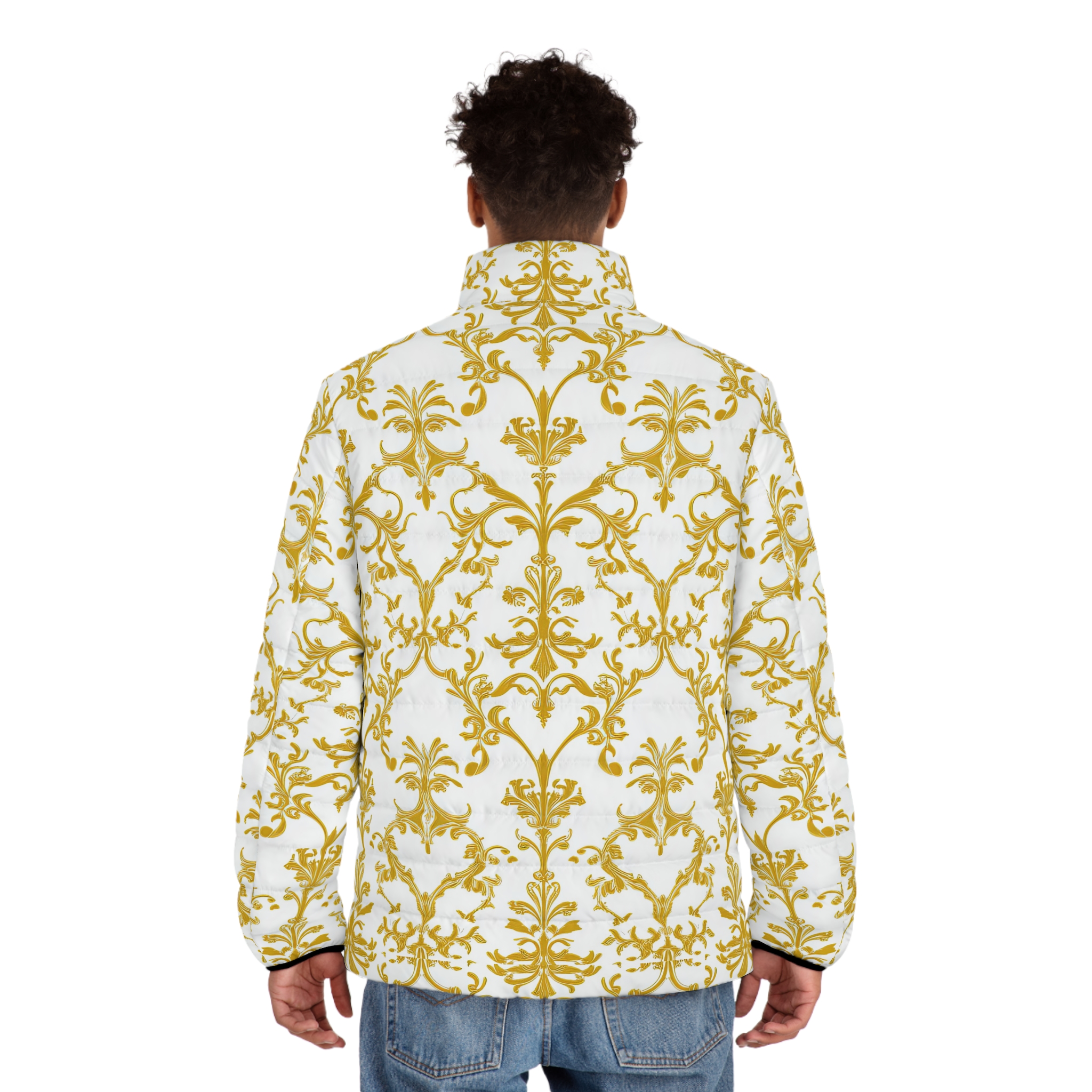 Elegant Gold Floral Men's Puffer Jacket - Stylish Winter Outerwear - Image 4