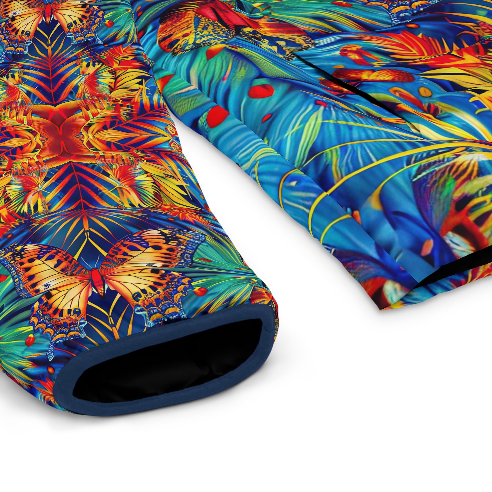 Vibrant Tropical Men’s Puffer Jacket with Butterfly Design - Image 7