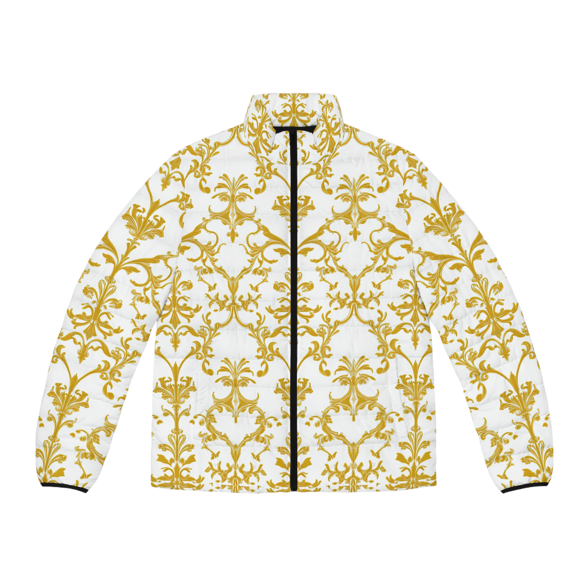Elegant Gold Floral Men's Puffer Jacket - Stylish Winter Outerwear - Image 2