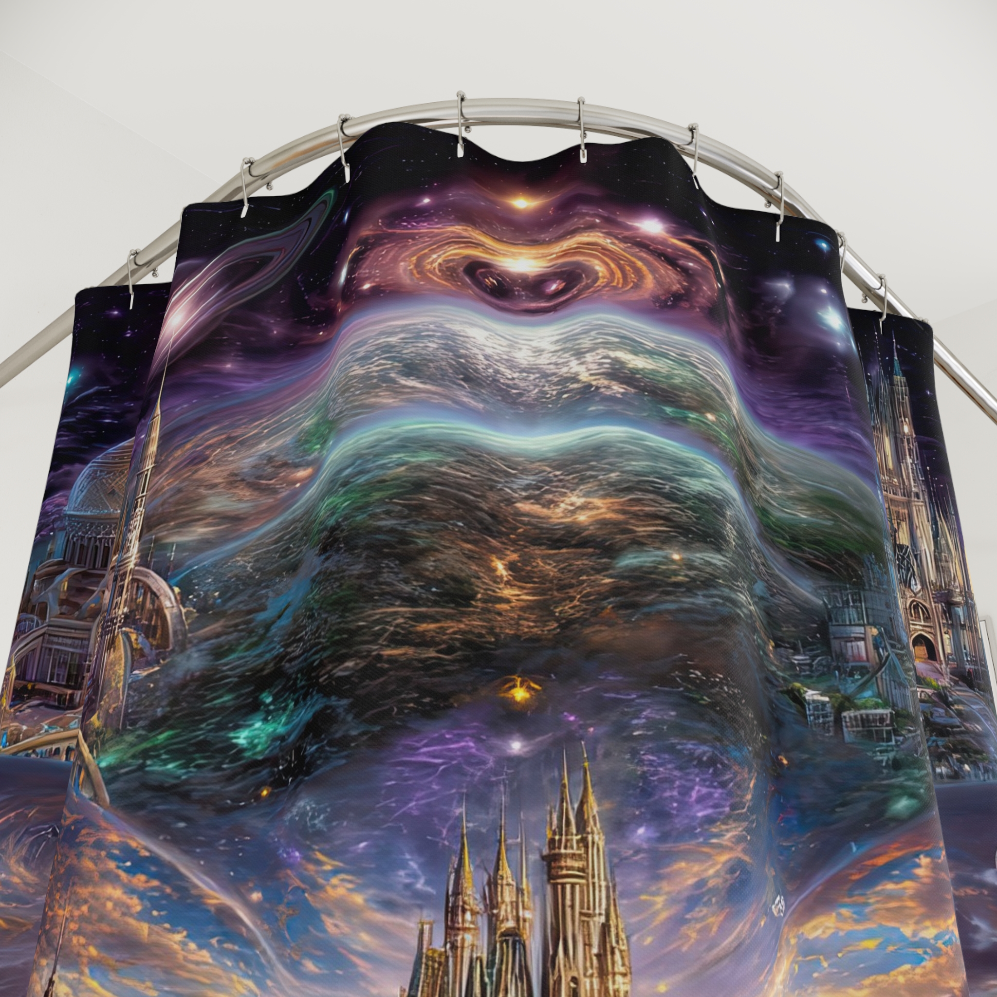 Cosmic Fantasy Shower Curtain - Space and Castle Design for a Dreamy Bathroom - Image 3