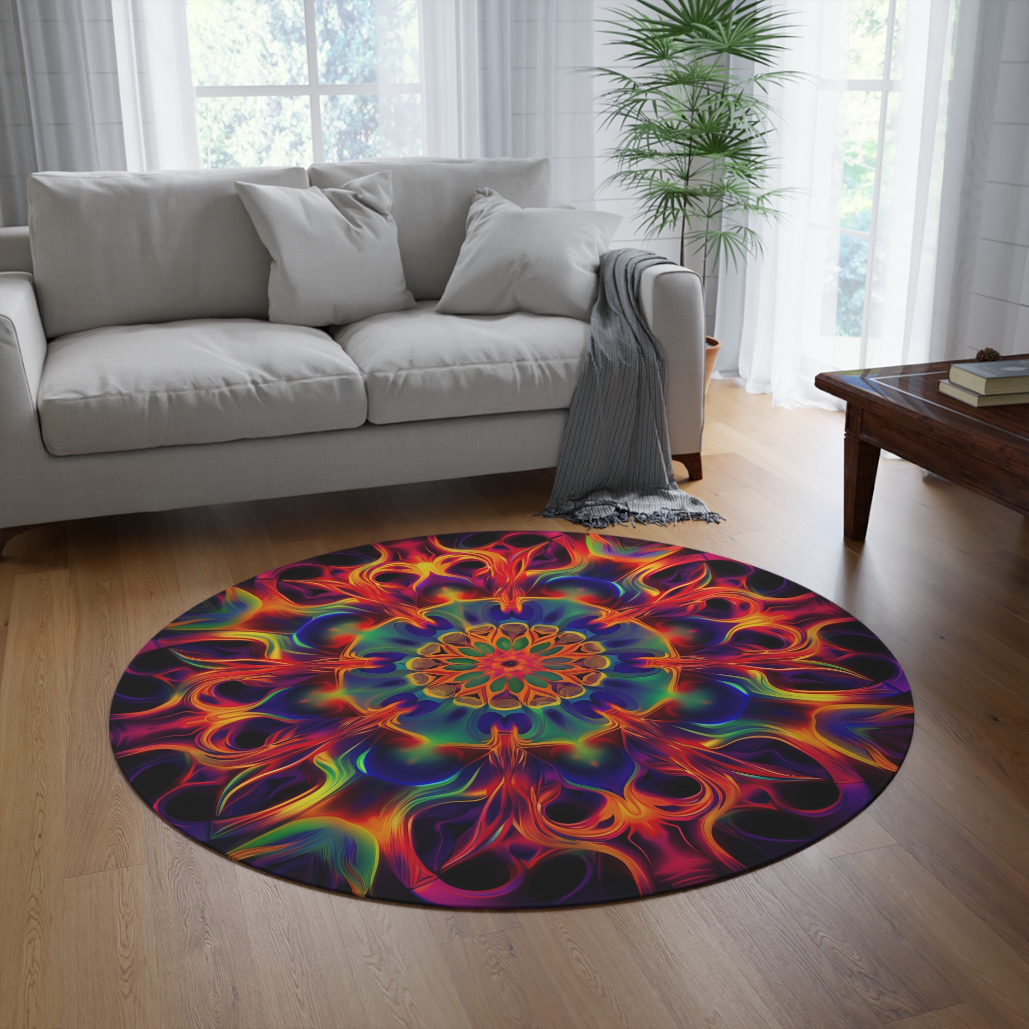 Round Rug - Psychedelic Kaleidoscope Fractal Rainbow Design 2
